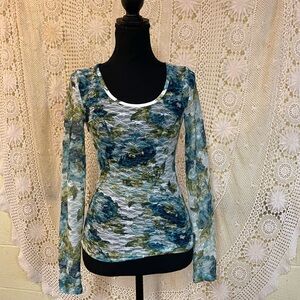 Mudd Blue and Green Floral Long Sleeve Sheer Top